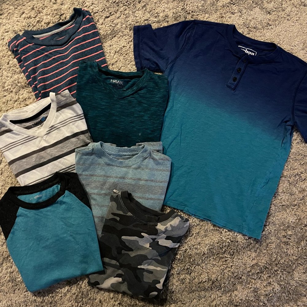 7pc Bundle Blue Gray Stripe Tee Shirts sz 10/12